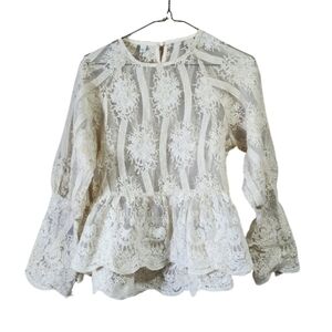 Unify style embroidered sheer long sleeve peplum blouse color offwhite